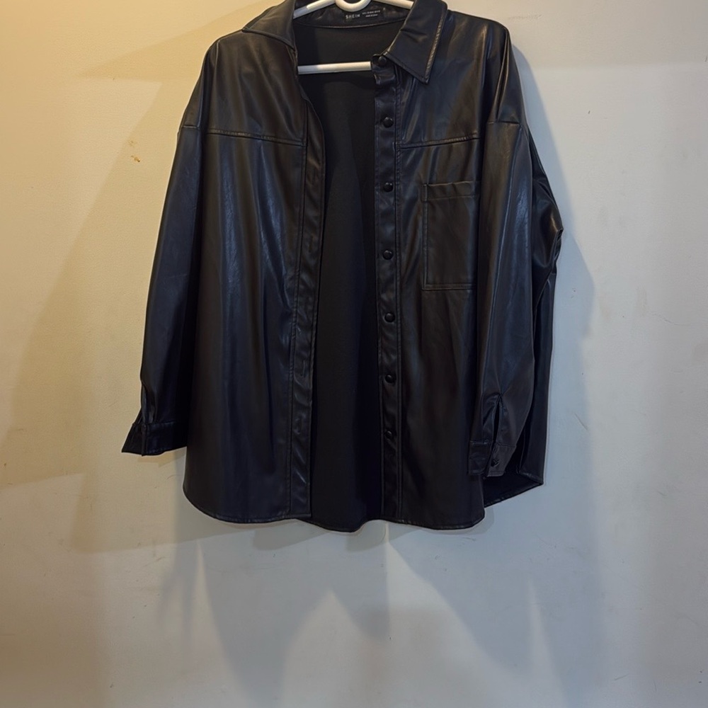 Black Faux Leather Button-Up Shirt